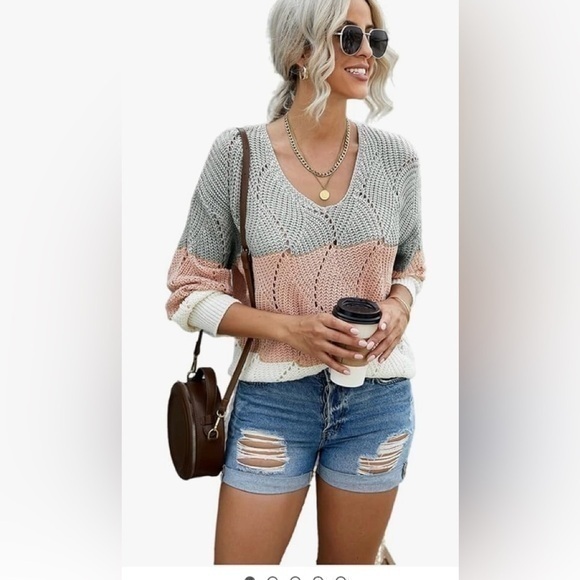 Cable Casual V-Neck Color Block Hollow Sweater Long Sleeve Knit Out Pullover - Picture 1 of 10
